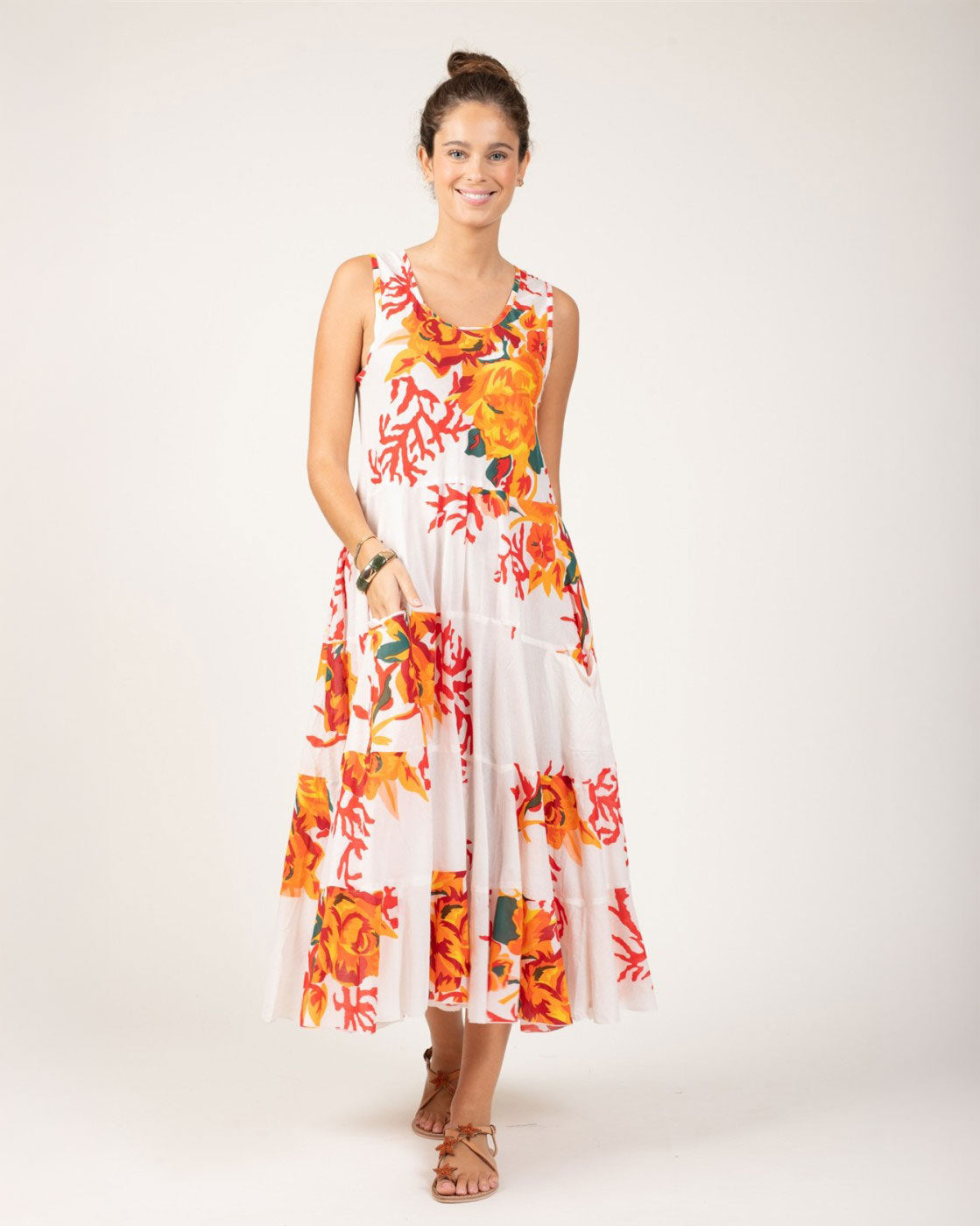 Sleeveless Cotton Tiered Dress Coral Flowers