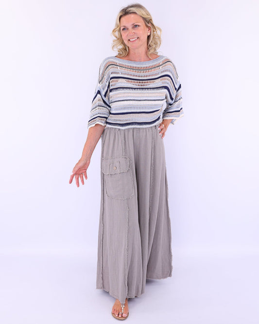 Linen and Cotton Blend Distressed Trousers