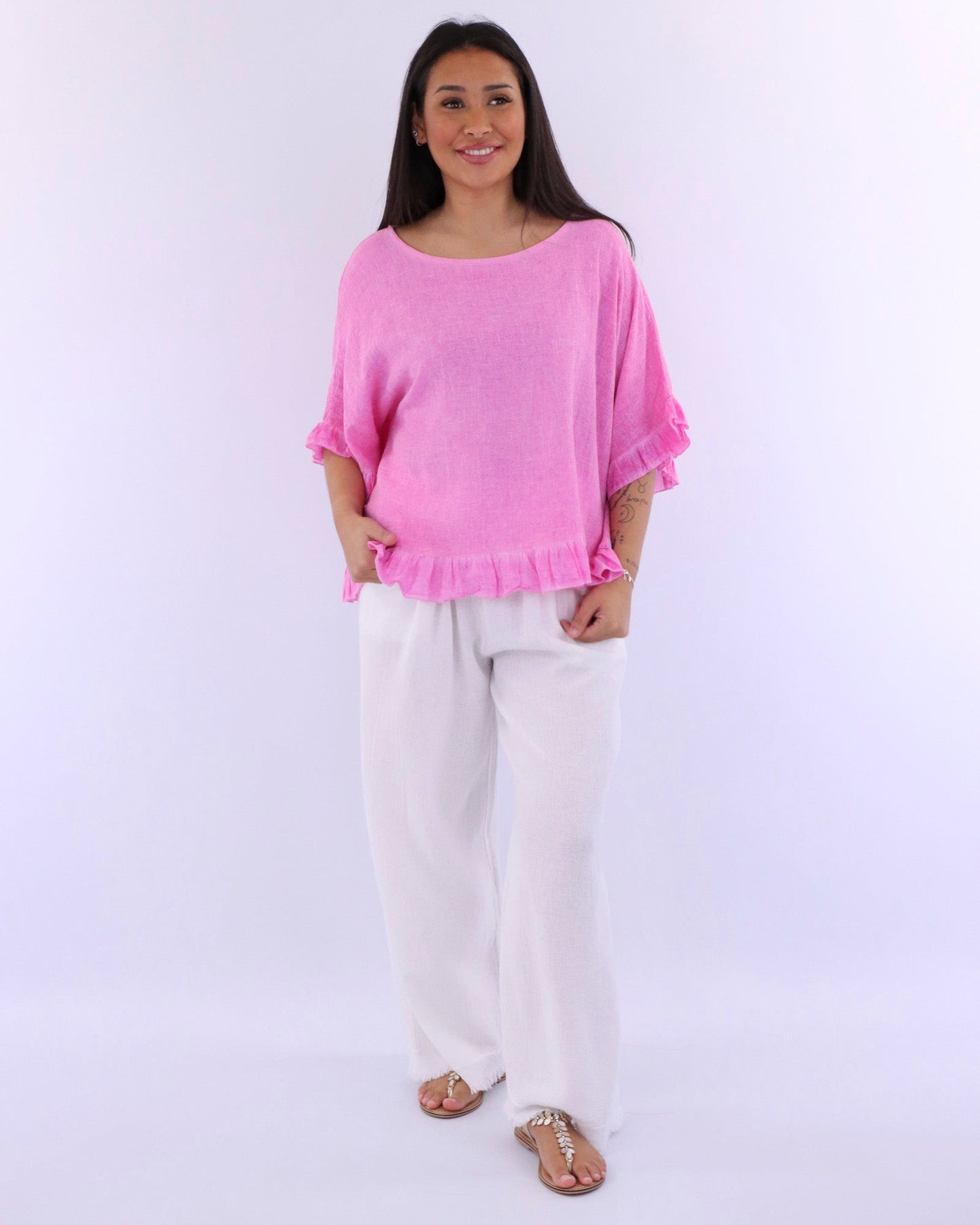 Linen and Cotton Blend Frill Top